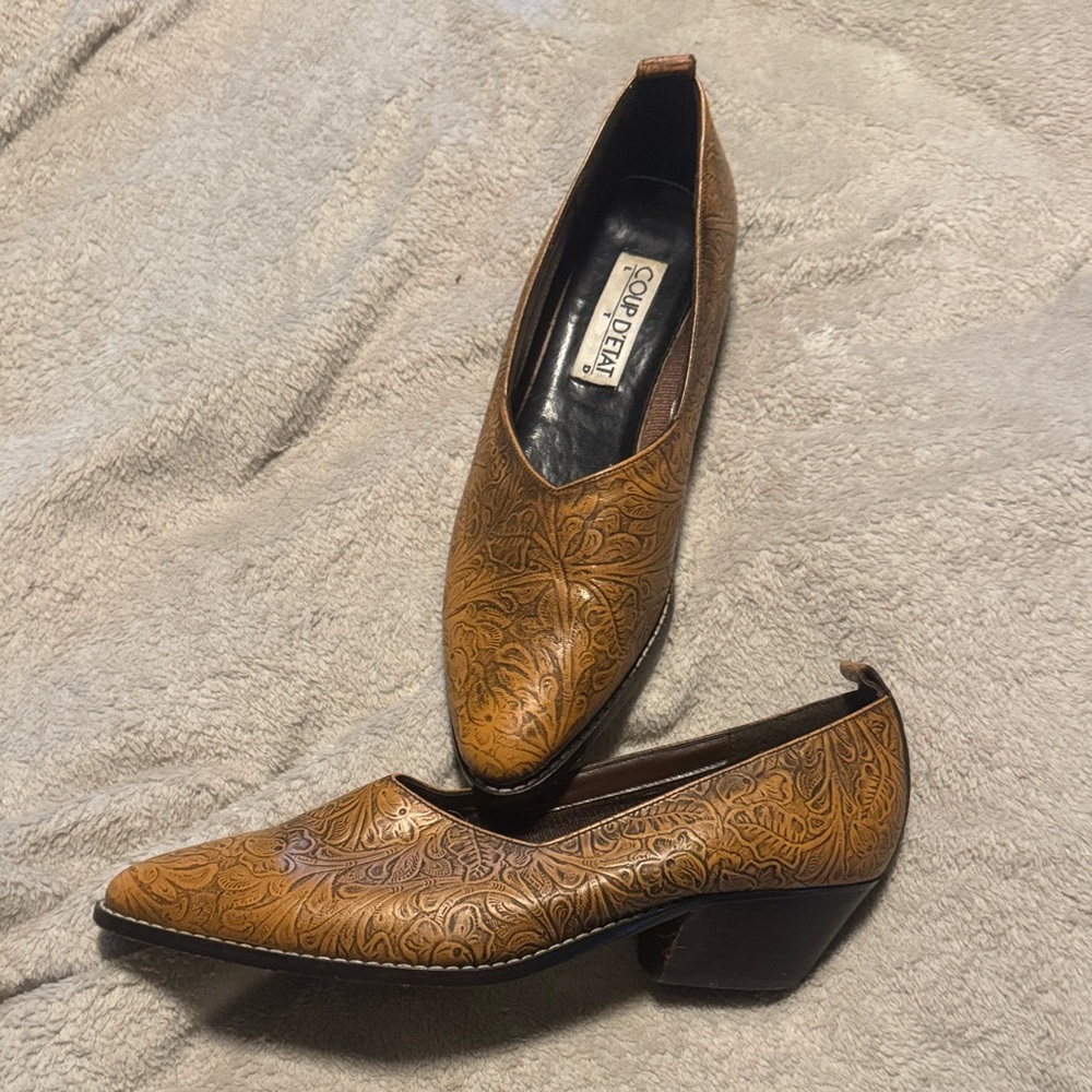 Women's Tan Embossed Vintage Leather Heels by Coup d’Etat LTD